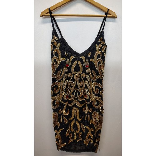 Vintage Nitelight Black Cami Beaded Ornate Jewel 100% Silk Bodycon - Picture 2 of 5