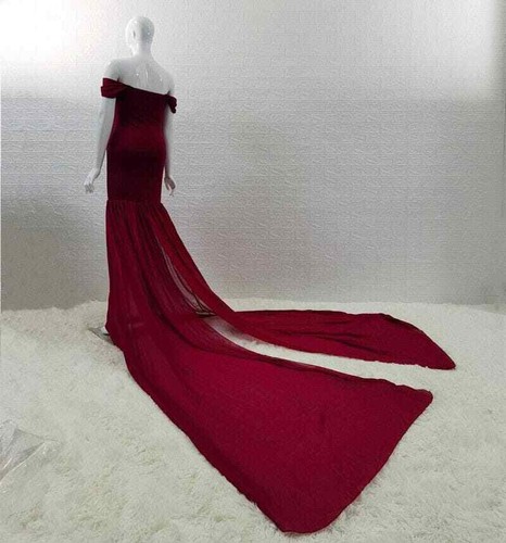Maternity Photo Shoot Dress Gown Off Shoulder Maxi Photography Burgundy M-L-XL - Picture 11 of 12