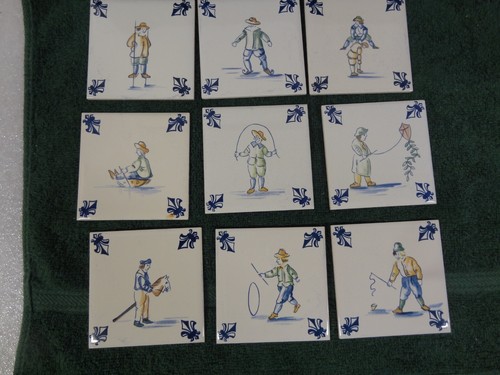 Vintage Set of 9 KLM Airlines Dutch Delft Ceramic POLICHROME Tile Coasters Games