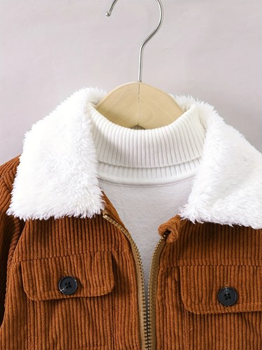 Boys' Corduroy Fabric Splicing Fleece Collar Zipper Cardigan Thin Jacket Jacket - Picture 9 of 23