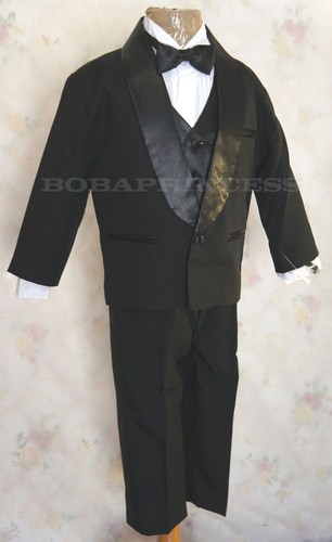 NEW BOY FORMAL 5 Pcs BLACK TUXEDO SET Shawl Collar Sz L/10/14,Wedding/Recital - Picture 4 of 9