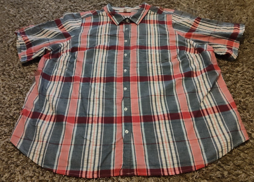 Woman Within Shirt Womens 3X Blue Red Plaid Short Sleeve Button Front Cotton