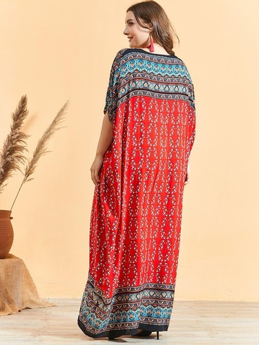 Mujeres Vestido Talla Grande Ropa Estampado Rojo Maxi Vestido Manga de Murciélago Vestido Musulmán M-7XL - Imagen 5 de 5