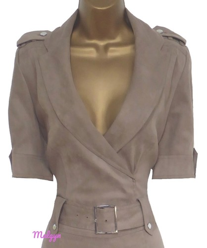 KAREN MILLEN ✩ CLASSIC TAUPE SOFT FAUX SUEDE SAFARI MILITARY TRENCH DRESS ✩ UK12 - Picture 3 of 12