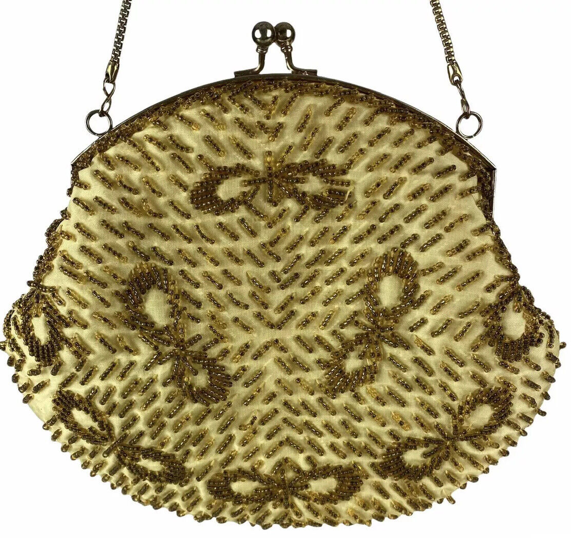 Vintage La Regale Beaded Bag Clutch Satchel Yello… - image 1