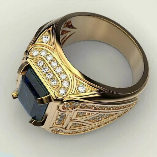 3 Ct Emerald Cut Simulated Sapphire Men Wedding Ring 14K Yellow Gold Over Silver - Picture 6 of 7