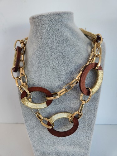 Chunky Brown Wood Wire Gold Tone Chain Modernist Abstract Long Necklace EUC - Picture 1 of 8