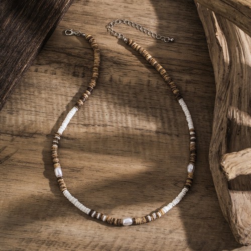 18'' Bohemian Coconut Shell Wood Beads Pearl Necklace For Women Men Choker - Picture 2 of 8