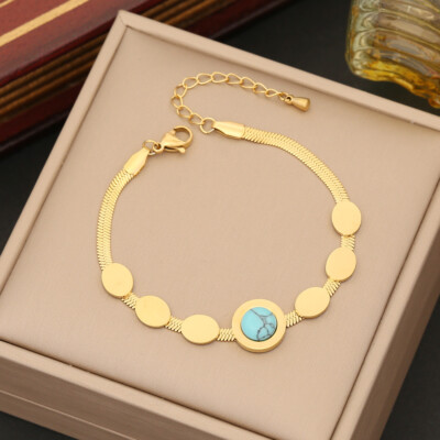 Women New Round Turquoise Stainless Steel Necklace Earrings Bracelet Jewelry Set
