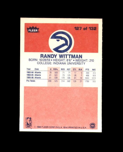 1986-87 Fleer #127 Randy Wittman MINT Hawks Break 4 - Picture 2 of 4