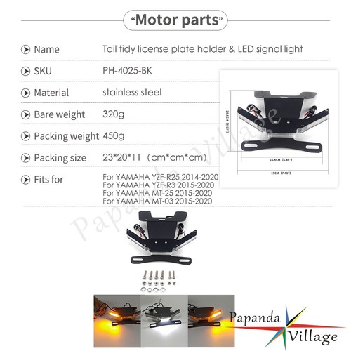 Black LED Light License Plate Holder Tail Tidy Kit For YAMAHA YZF R25 MT03 15-20 - Picture 4 of 12