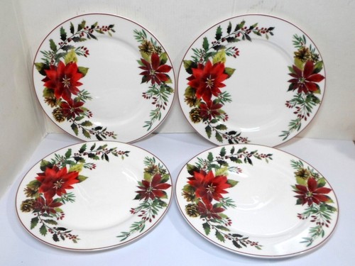 Set of 4 PLAID POINSETTIA SALAD PLATES By Grace Teaware Christmas Pattern 8" Dia - Bild 1 von 4