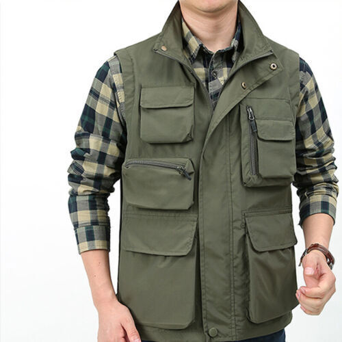 Herren Weste Multi Taschen Ärmellose Cargo Jacke Weste Weste Angeln Zip Tops NEU - Bild 6 von 16