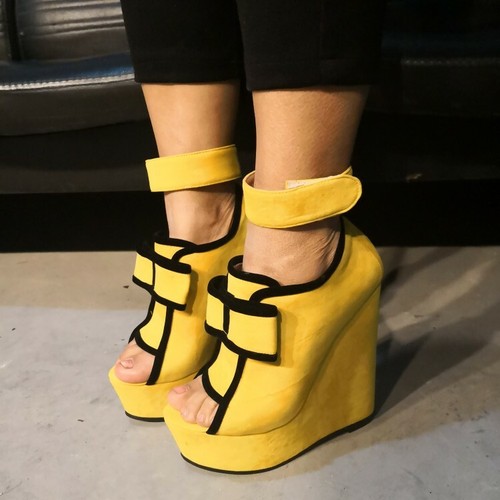 ELEGANTI sandali donna punta aperta plateau zeppe tacco giallo scarpe grandi 4-20 - Foto 4 di 10