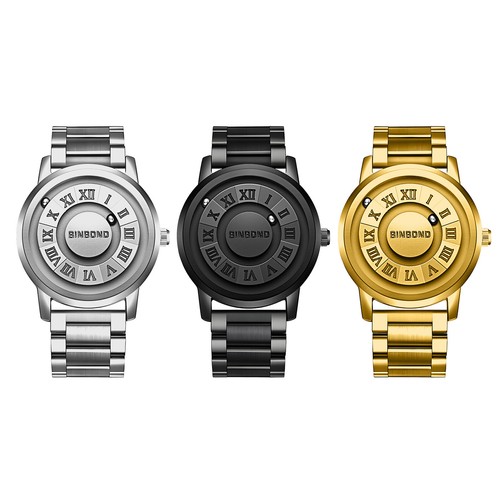 Herren Magnet Quarz Armbanduhr ohne Linse römische Ziffern futuristisch Kugelzeiger - Bild 1 von 24