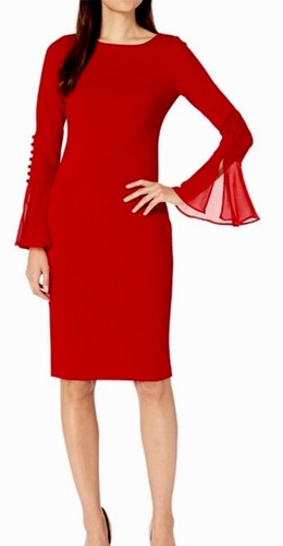 CALVIN KLEIN CHIFFON BELL SLEEVE SHEATH DRESS, RED, SIZE 14 NWT