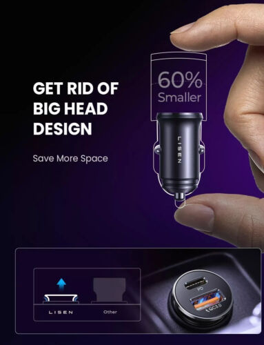 LISEN Car Charger Adapter 54W USB C Phone Charger with 3.3Ft Type C Cable - Zdjęcie 3 z 7