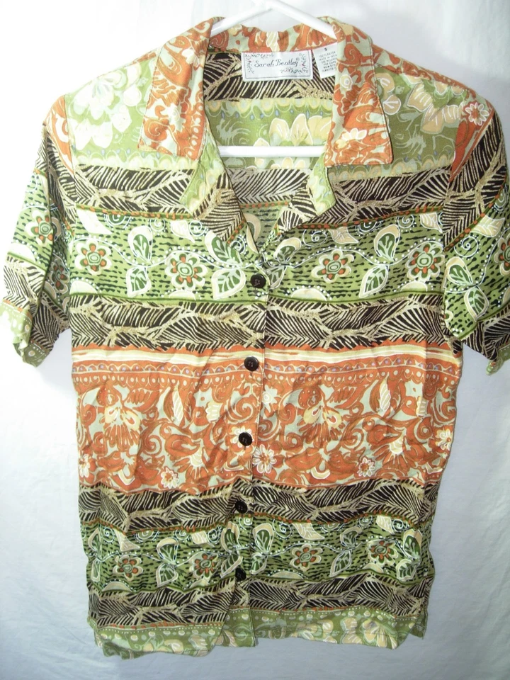 WOMENS GREEN BROWN RUST BEIGE SARAH BENTLEY HAWAIIAN ALOHA SHIRT TOP SIZE S 38" - Image 2 of 3