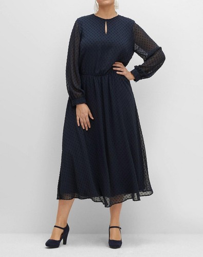 sheego Damen Chiffonkleid Maxikleid Rundhals Langarm nachtblau Gr. 44 NEU