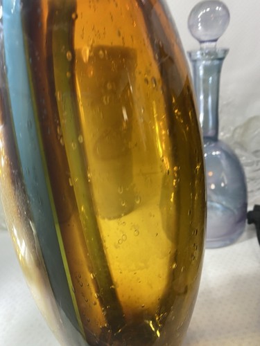 Pair Of MidCentury Amber & Blue Air Bubble Stripe Cased Glass Vases13"& 10” Tall - Picture 7 of 19