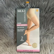 Silk Impressions Sheer Light Support Tights Women Size Large Beige High Waisted
