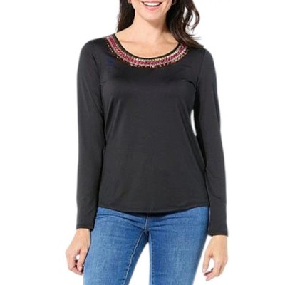 IMAN Global Chic Women's Top w/ Jewel Embellished Neckline Black Size 1X NEW