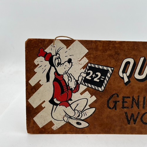 Vintage Wood Pressboard Sign Walt Disney Goofy Quiet! Genius at Work Rare 12x6" - Picture 2 of 11
