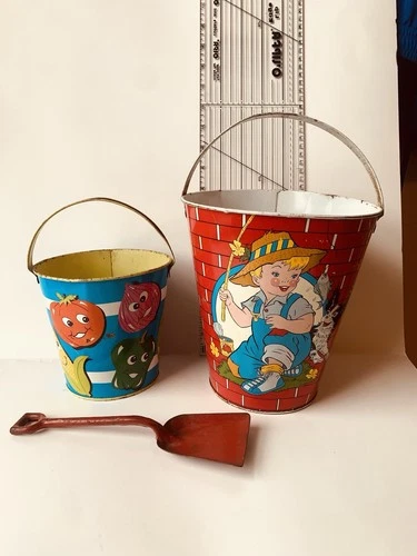Vintage Ohio Art Co. Tin Litho Fishing Kids Bucket w/ Dog. Vegetable Characters