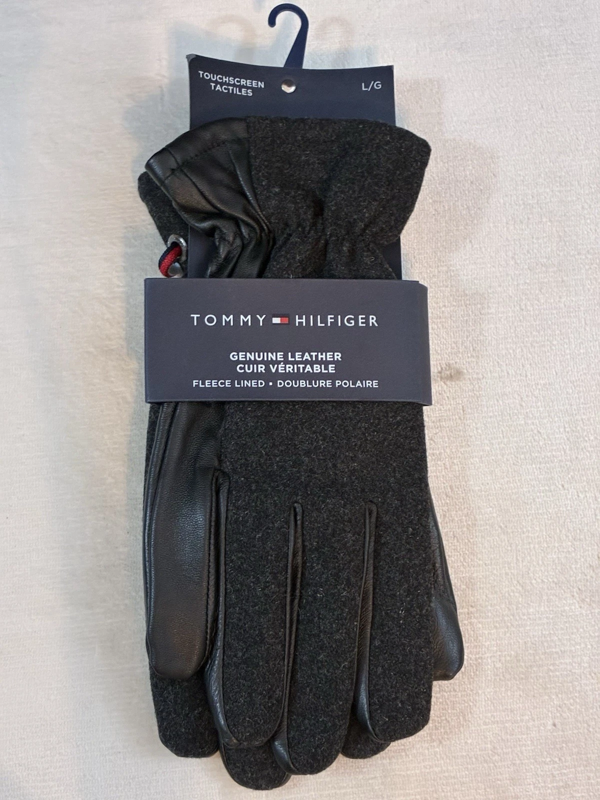 NEW Mens Tommy Hilfiger Gloves L MSRP $88 Black Leather Touchscreen Fleece Lined
