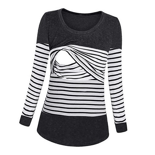 Women's Maternity Shirts Round Neck Long Sleeve Stretchy Nursing Striped ~ - Picture 3 of 12