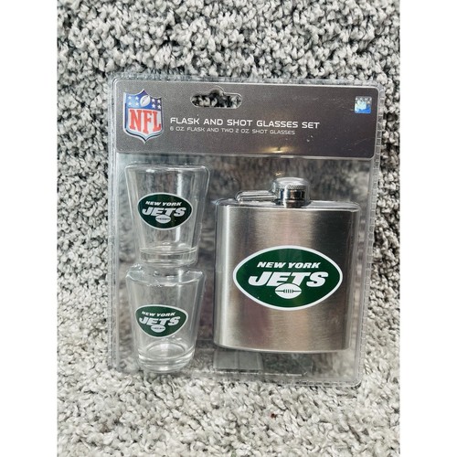 NFL Stainless Steel Flask and 2 Pack 2oz Shot Glasses Set New York Jets New