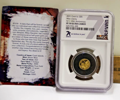 2021 Cook Islands $5 Gold Miss Liberty 9/11 20th Anniversary Coin NGC PF70 UC