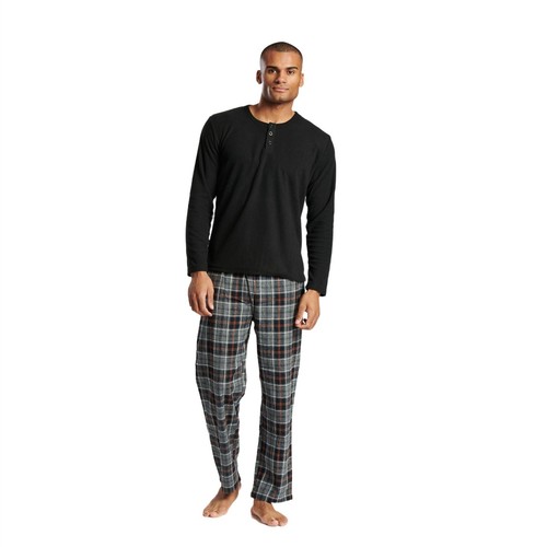 Mens Ribbed Fleece Pyjamas With Cotton Flannel Check Bottoms PJs M-XXL - Picture 2 of 18