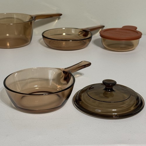 Pyrex Vision Ware Amber Brown Corning Set Of 6 1.5 L, .5 L, 7” Skillet, Grab It - Picture 11 of 24
