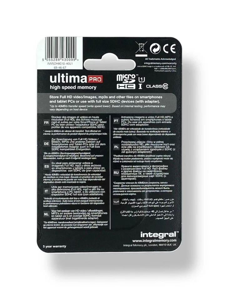 Carte mémoire Integral UltimaPro microSDHC 8Go(UHS-I U1/Class 10)avec adaptateur - Photo 2/2