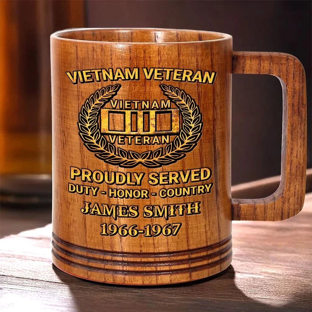 Personalized Vietnam Veteran Wood Mug, Military Custom Proudly Served Gift Dad Gift