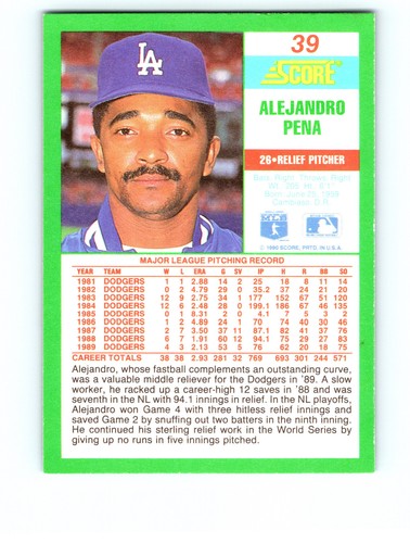 Alejandro Pena #39 Los Angeles Dodgers 1990 Score Near Mint or Better - Bild 2 von 2