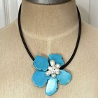Handmade Wrapped Cord Necklace Turquoise & Freshwater Pearl Flower Pendant Read