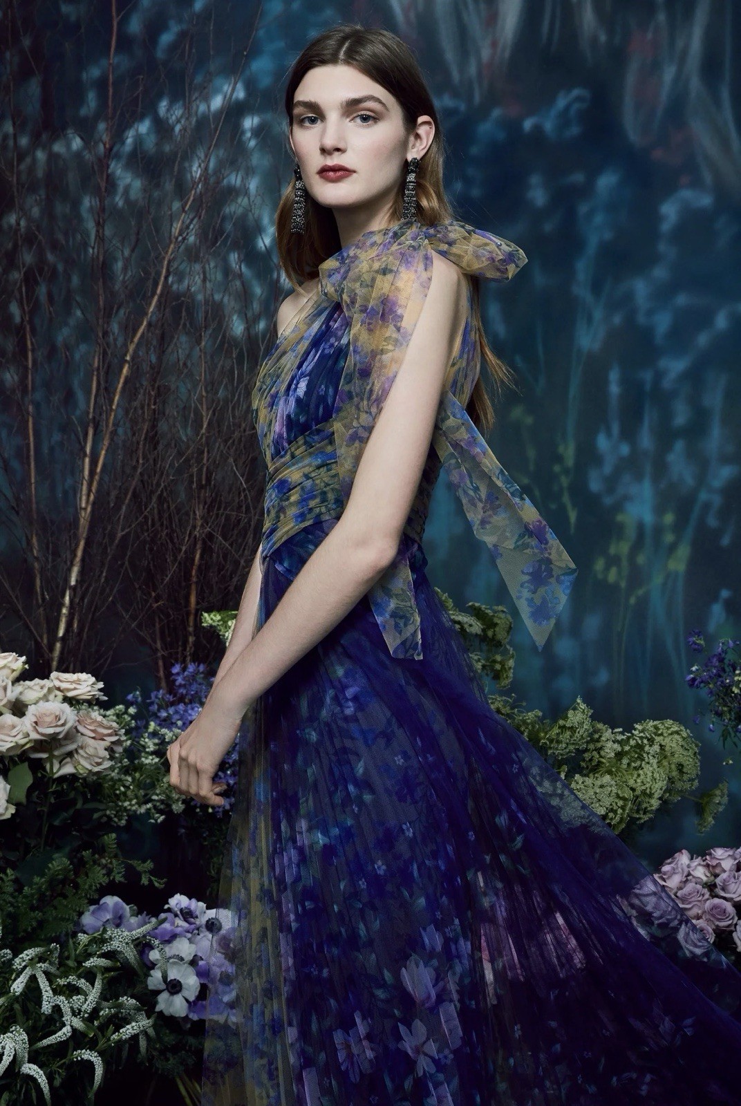 NWT MARCHESA NOTTE One-Shoulder Bow-Detail Tulle Gown In Navy. Size 12