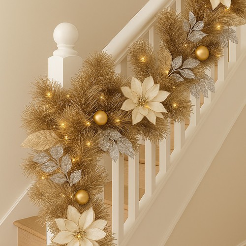Ghirlanda e Ghirlanda Natalizia Artificiale Pre-Lit Set Oro Poinsettia Grande Decorazione - Foto 14 di 24