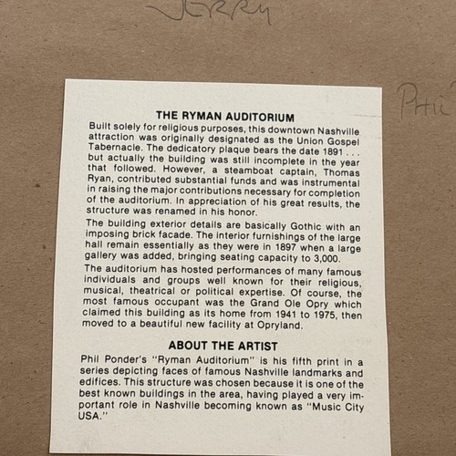 The Ryman Auditorium (Nashville) Phil Ponder Signed Framed 11.5” X 9.5” Print - Picture 9 of 11