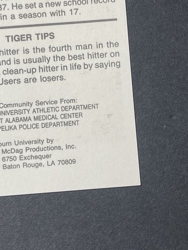 1987 McDag Auburn Tigers Tiger Great Frank Thomas Baseball Card Rare Ships Fast! - Picture 7 of 10