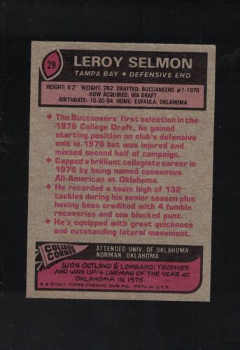 1977 Topps Football Leroy Selmon Rookie #29 *BUCCANEERS* HOF - Bild 2 von 2