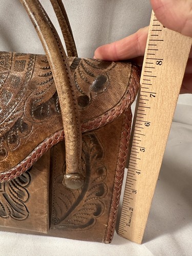 Vtg Hand Tooled Leather Handbag Brown Purse Boho Rockabilly Western Aztec Sun - Picture 2 of 22