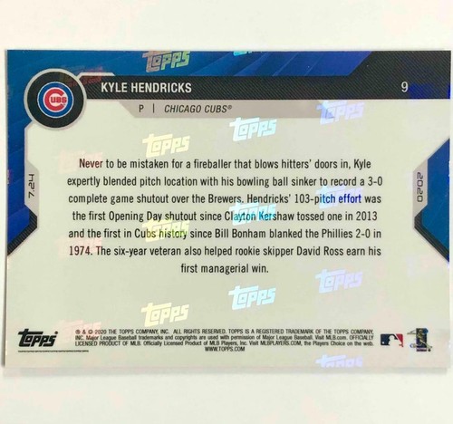 2020 Topps Now 9 Kyle Hendricks PR 590 first Cubs Opening Day shutout since 1974 - Picture 2 of 2