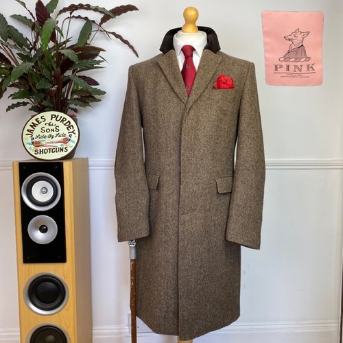 THOMAS PINK (40R) TWEED Herringbone Overcoat Jacket COVERT Coat Velvet Collar