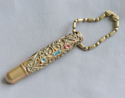Vintage Miniature Ballpoint Pen Ornate Filigree Jewelled Brass Case + Keychain - Picture 9 of 11