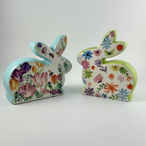 NEU Keramik Hasen 2er Set Hasen Ostern Blumen Frühling Biene Schmetterling LESEN - Bild 10 von 14