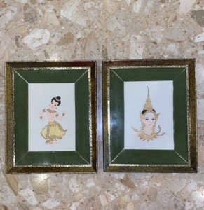 2-VTG-7x5-Hand-Gold-Painted-Balinese-Dancers-9x11-Wood-Framed-Velvet-Border