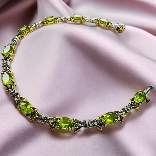 VINTAGE- 10K Gold- 7.5 CT T.W. Natural Peridot & Diamond Bracelet - 7.5" -10.3g - Picture 22 of 24